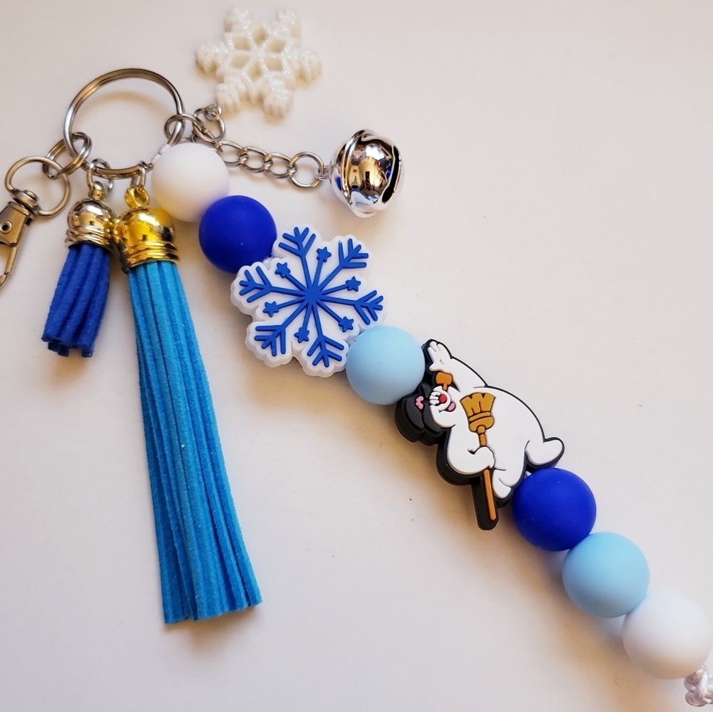 Handmade Frosty The Snowman Beaded Silicone Focal Bead Keychain